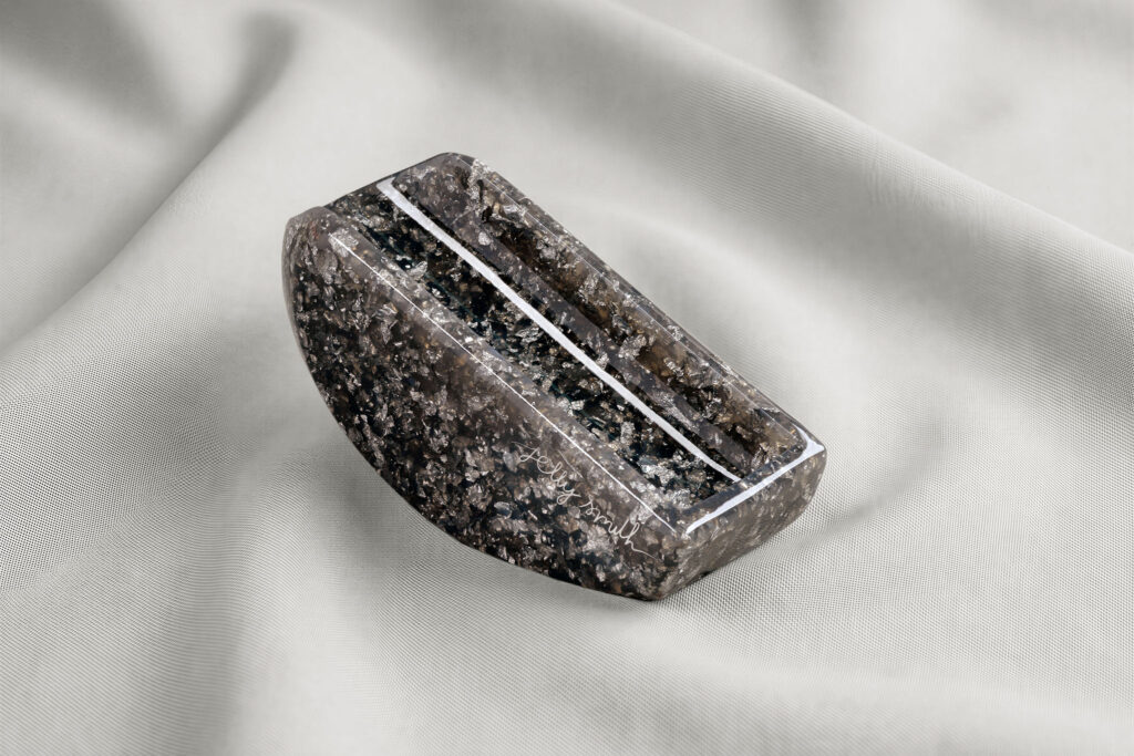 Beam Stand Cast in Pyrite, a speckled grey stone-look resin